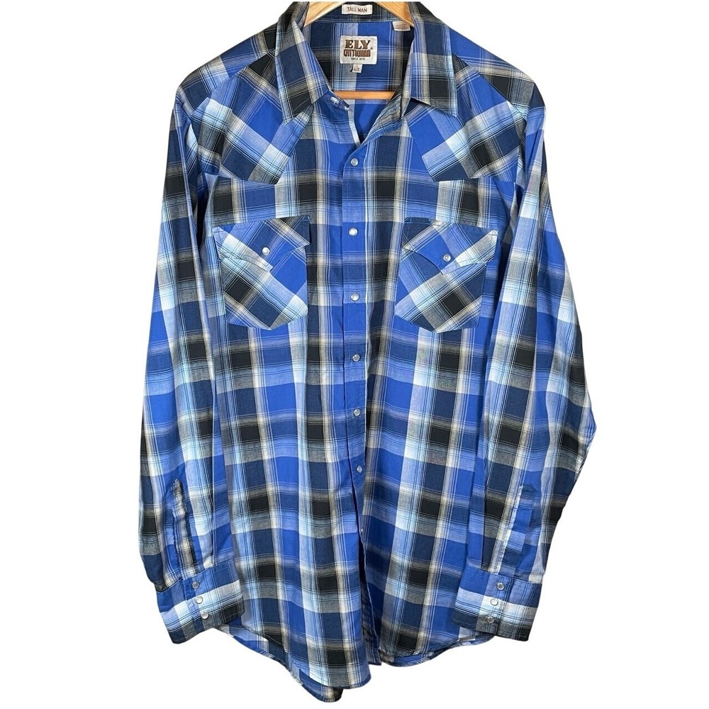 Ely Cattleman Vintage Tall Man Large Long Sleeve Pearl Button‎ Up Shirt Cowboy